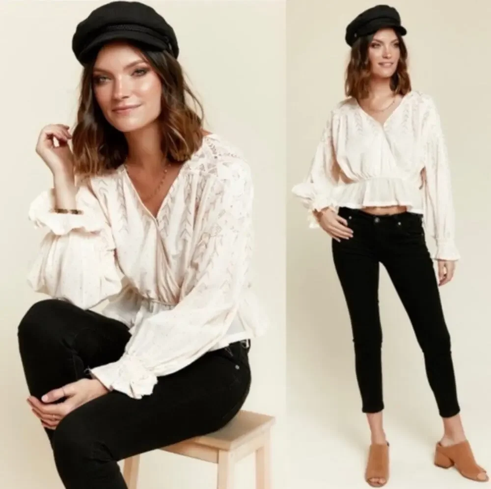 Free People Counting Stars Peplum Top Large Cream Gold Metallic Ruffle Peasant